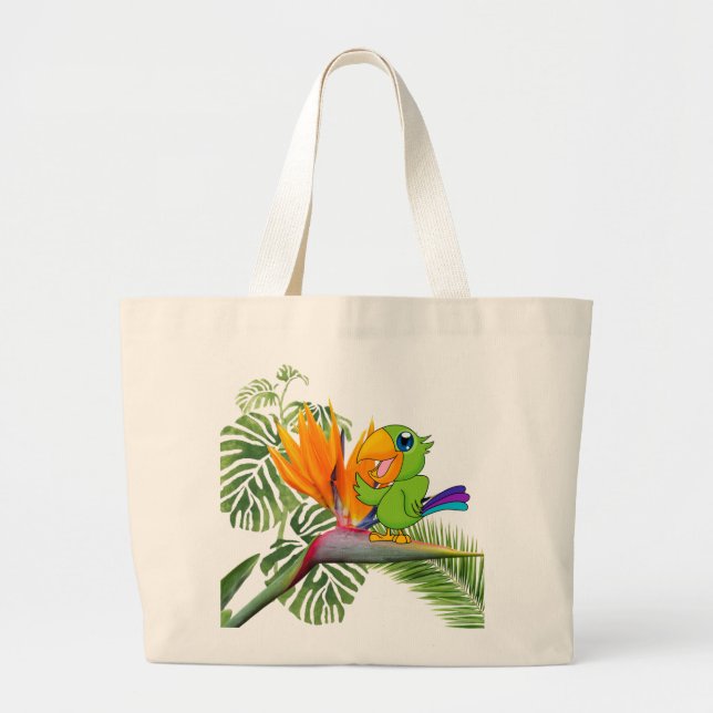 Adorable Cartoon Parrot, Caudata, Palm Leaves Large Tote Bag (Front)