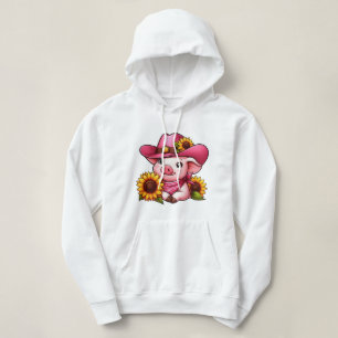 Adorable Cartoon Pig with Pink Hat and Sunflowers Hoodie