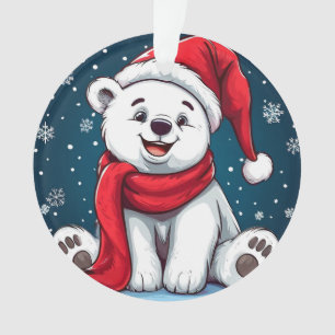 Adorable Cartoon Polar Bear in Santa Hat Ornament