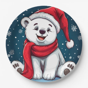 Adorable Cartoon Polar Bear in Santa Hat Paper Plate