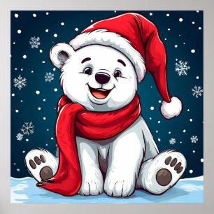 Adorable Cartoon Polar Bear in Santa Hat Poster