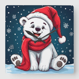 Adorable Cartoon Polar Bear in Santa Hat Square Wall Clock
