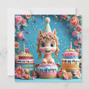 Adorable Cartoon Pony Celebrating Birthday