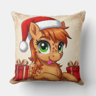 Adorable Cartoon Pony in Santa Hat Cushion