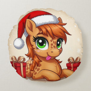 Adorable Cartoon Pony in Santa Hat Round Cushion