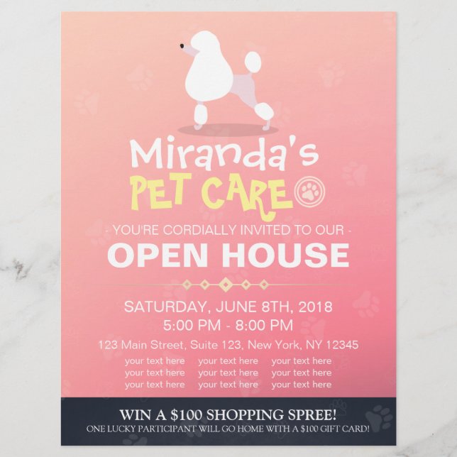 Adorable Cartoon Poodle Dog Pet Shop Open House Flyer (Front)