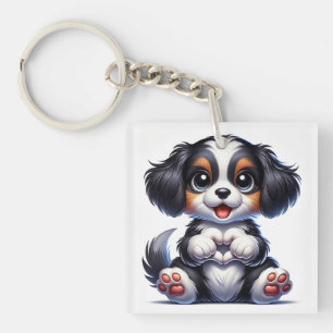 Adorable Cartoon Puppy Holding a Heart Key Ring