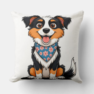 Adorable Cartoon Puppy With Floral Bandanna Cushion