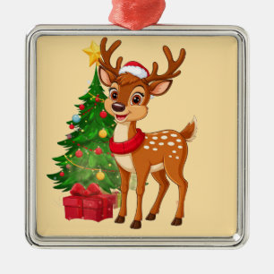 Adorable Cartoon Reindeer in Santa Hat Metal Ornament