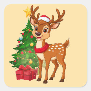 Adorable Cartoon Reindeer in Santa Hat Square Sticker