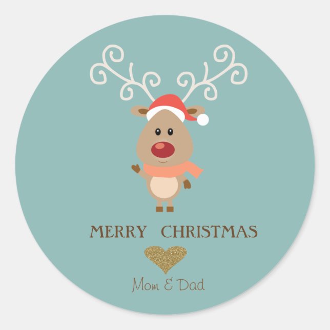 Adorable Cartoon Reindeer,Santa Hat Classic Round Sticker (Front)