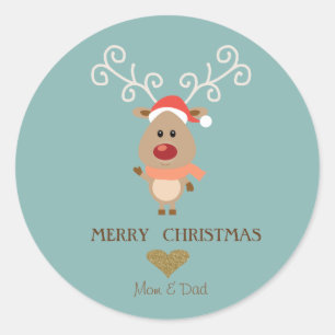 Adorable Cartoon Reindeer,Santa Hat Classic Round Sticker
