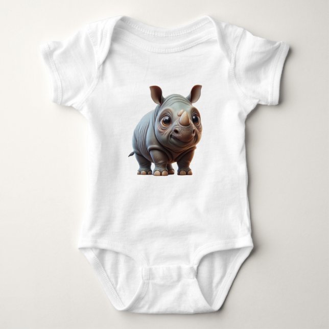 Adorable Cartoon Rhino Character Design Baby Bodysuit (Front)