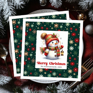 Adorable cartoon snowman with snowflakes kids  napkin