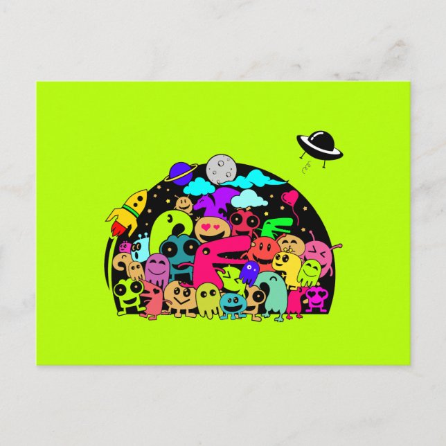 Adorable Cartoon Space Alien Characters Postcard (Front)