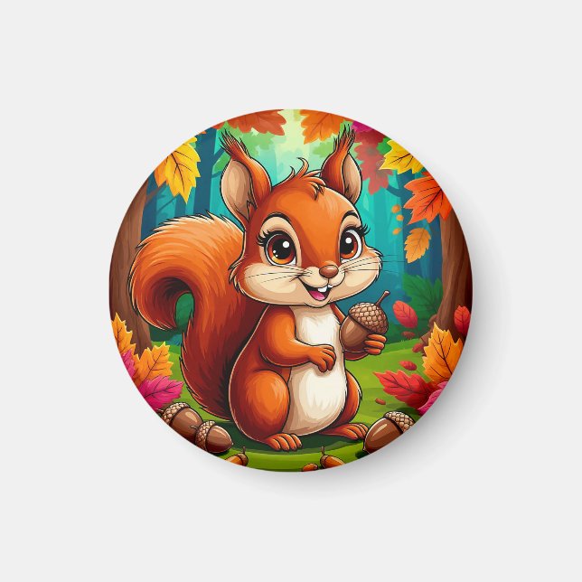 Adorable Cartoon Squirrel Character in Forest Magnet (Front)