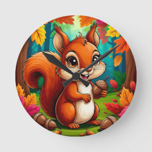 Adorable Cartoon Squirrel Character in Forest Round Clock