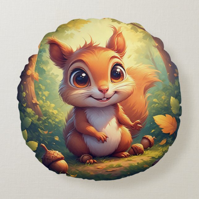 Adorable Cartoon Squirrel Character in Forest Round Cushion (Front)