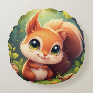 Adorable Cartoon Squirrel Character in Forest Round Cushion