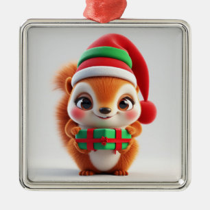 Adorable Cartoon Squirrel Holding a Festive Gift Metal Ornament