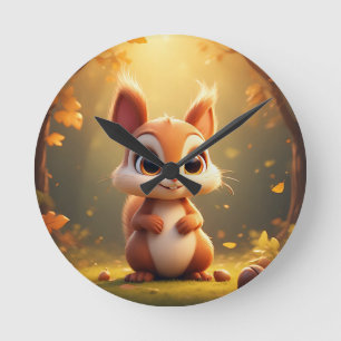 Adorable Cartoon Squirrel in a Forest Round Clock