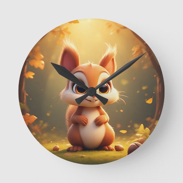 Adorable Cartoon Squirrel in a Forest Round Clock (Front)