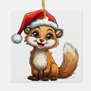 Adorable Cartoon Squirrel in Santa Hat  Ceramic Ornament