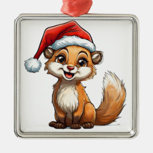 Adorable Cartoon Squirrel in Santa Hat  Metal Ornament