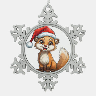 Adorable Cartoon Squirrel in Santa Hat Snowflake Pewter Christmas Ornament
