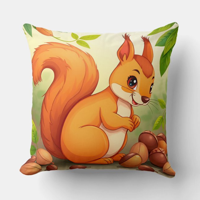 Adorable Cartoon Squirrel With Nuts Cushion (Front)