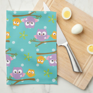 Adorable Cartoon Style Owls on Branch Print Tea Towel