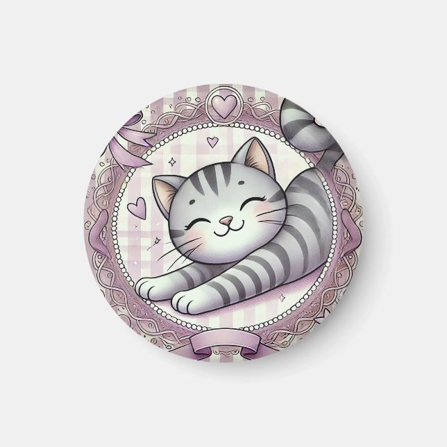 Adorable Cartoon Tabby Cat Illustration Magnet (Front)