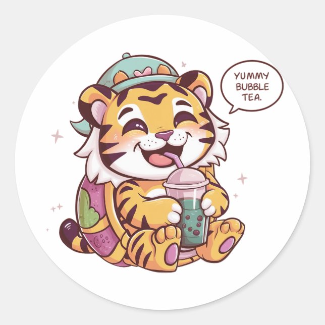Adorable Cartoon Tiger: Cozy, Kawaii Vibes Classic Round Sticker (Front)