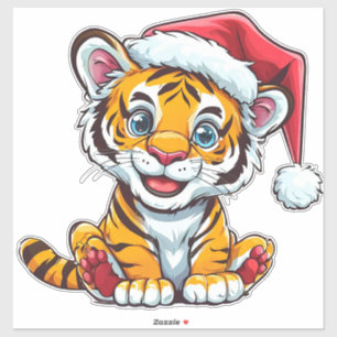 Adorable Cartoon Tiger Cub Wearing a Santa Hat