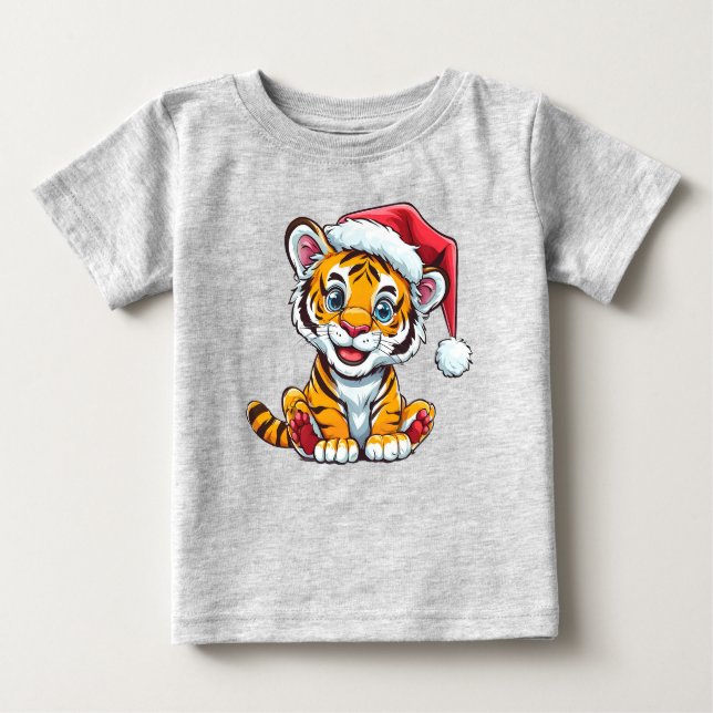 Adorable Cartoon Tiger Cub Wearing a Santa Hat Baby T-Shirt (Front)