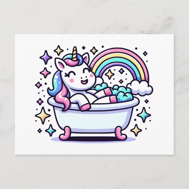 Adorable Cartoon Unicorn in a Bathtub Postcard (Front)