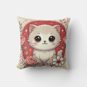 Adorable Cartoon White Kitten Surrounded By Roses Cushion