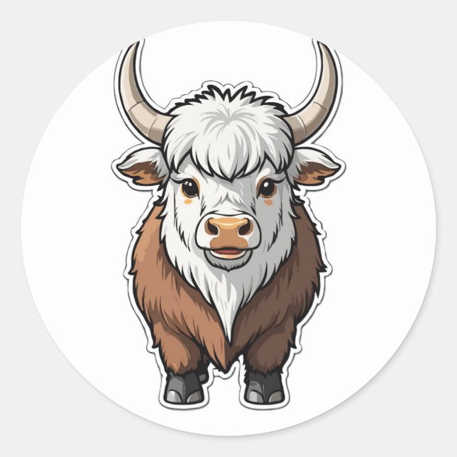 Adorable Cartoon Yak - Cute Highland Animal Classic Round Sticker (Front)