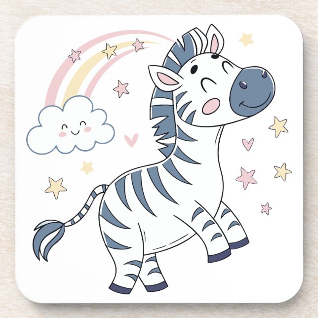 Adorable Cartoon Zebra with Rainbow and Stars |  Coaster (Front)