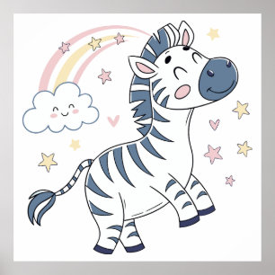 Adorable Cartoon Zebra with Rainbow and Stars    Poster