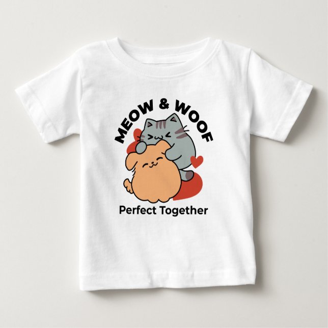 Adorable Cat and Dog Hug – Meow & Woof Design Baby T-Shirt (Front)