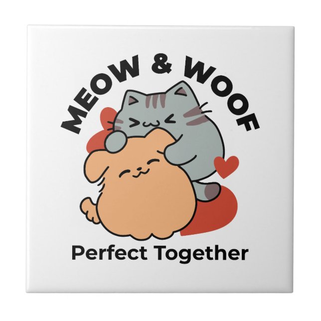Adorable Cat and Dog Hug – Meow & Woof Design Ceramic Tile (Front)