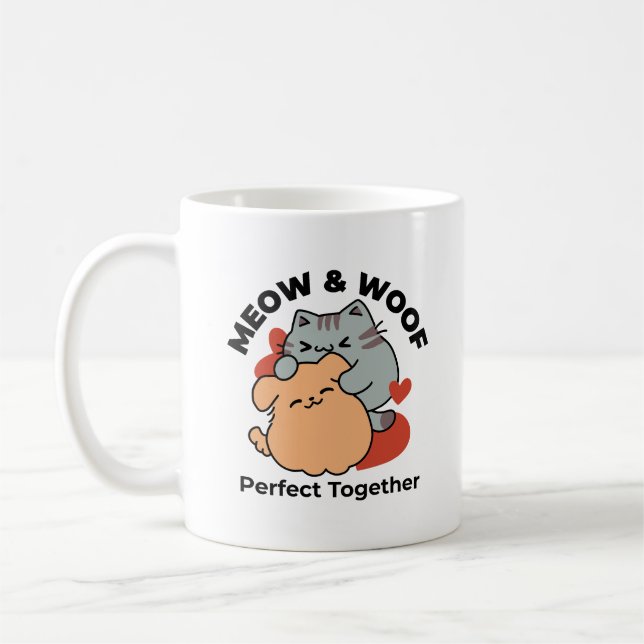 Adorable Cat and Dog Hug – Meow & Woof Design Coffee Mug (Left)