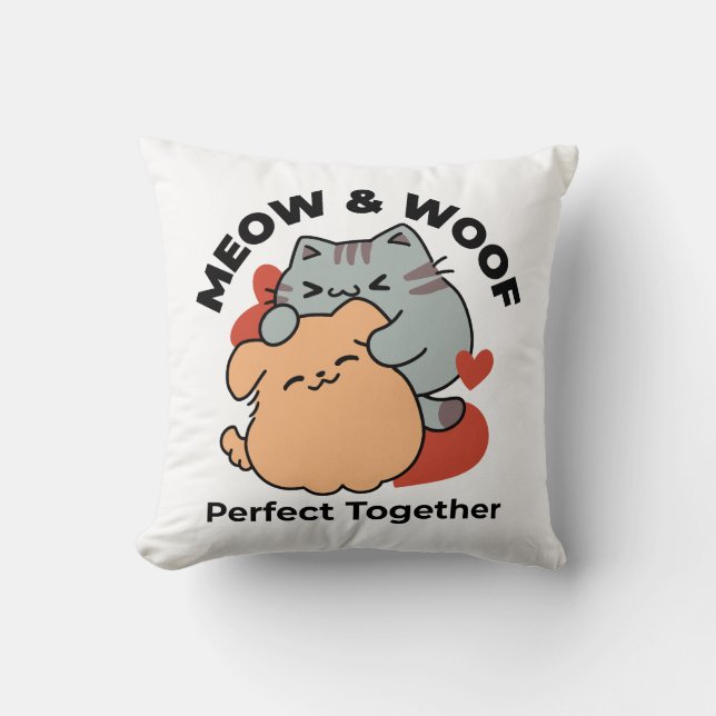 Adorable Cat and Dog Hug – Meow & Woof Design Cushion (Front)