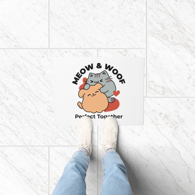 Adorable Cat and Dog Hug – Meow & Woof Design Doormat (Indoor)