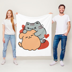 Adorable Cat and Dog Hug – Meow & Woof Design Fleece Blanket