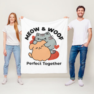 Adorable Cat and Dog Hug – Meow & Woof Design Fleece Blanket