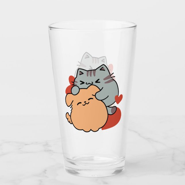 Adorable Cat and Dog Hug – Meow & Woof Design Glass (Front)