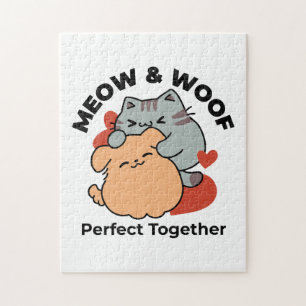 Adorable Cat and Dog Hug – Meow & Woof Design Jigsaw Puzzle