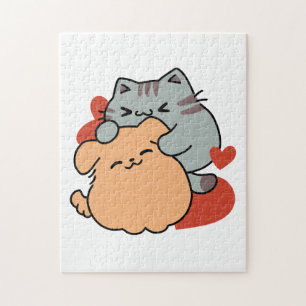Adorable Cat and Dog Hug – Meow & Woof Design Jigsaw Puzzle